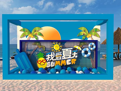 Summer Themed Interactive Zone With Beach Decor Palm Trees Sun And Lifebuoy Elements 3d model