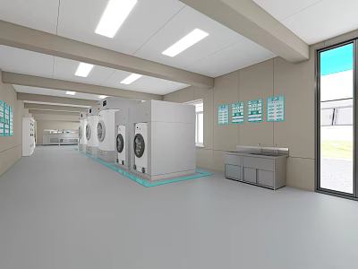 Bright Modern Spacious Commercial Laundry Workshop With Neatly Arranged Industrial Washing Machines And Related Facilities 3d model