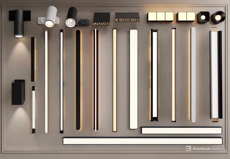 Modern Lighting Fixture Combination With Strip Lights Downlights And Spotlights In Various Designs 3d model 