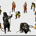 Workers In Different Colored Safety Uniforms With Tools And Gear 3d model