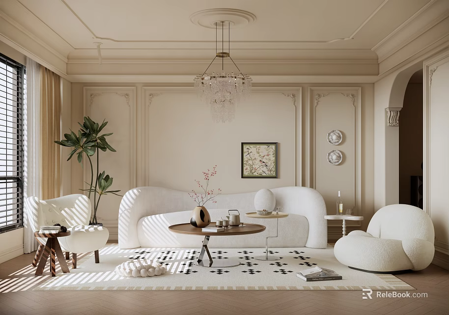 Elegant Modern Beige Living Room Interior With Chandelier Sofa Rug Plants Artwork And Wall Lamps 3d model 