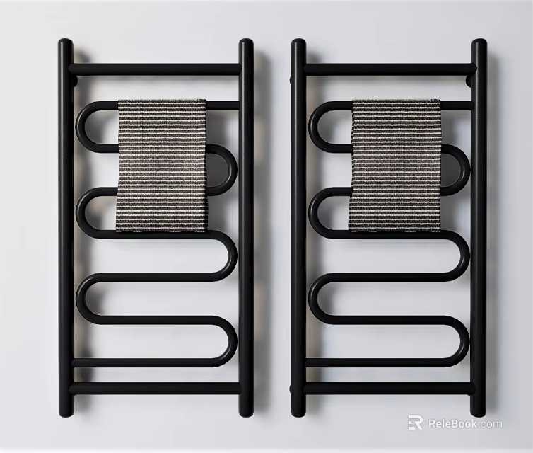 Modern Black Bathroom Towel Rack With Curved Metal Design And Striped Towels 3d model 