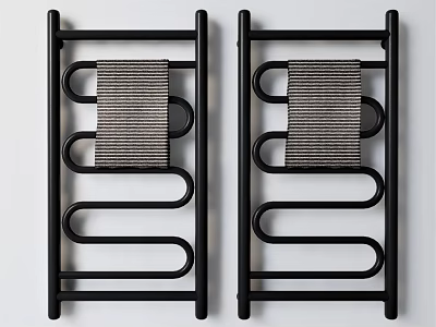 Modern Black Bathroom Towel Rack With Curved Metal Design And Striped Towels 3d model