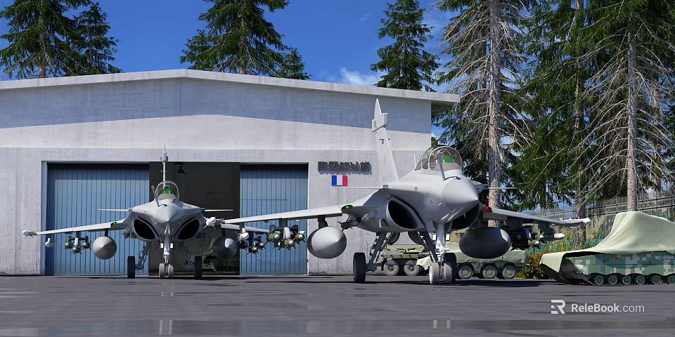 Military Fighter Jets Parked In Front Of White Hangar With French Flag And Pine Trees 3d model 