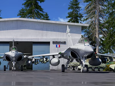Military Fighter Jets Parked In Front Of White Hangar With French Flag And Pine Trees 3d model