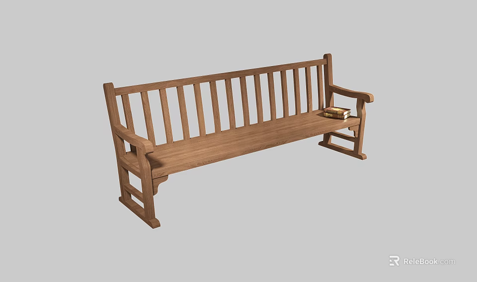 Wooden Outdoor Bench With Slatted Back Armrests And Books On Seat 3d model 