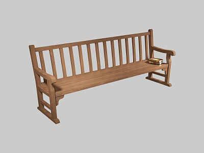 Wooden Outdoor Bench With Slatted Back Armrests And Books On Seat 3d model