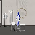 White Clothes On Display Racks With Blue Mannequin And Round Decor In Showroom
