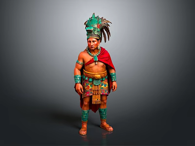 Traditional Ancient Warrior Figure With Green Feathered Headdress Red Cape And Decorative Arm Leg Bands 3d model