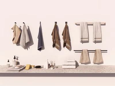 Various Colored Soft Towels Hanging On Wall Racks And Folded On Bathroom Counter With Toiletries 3d model