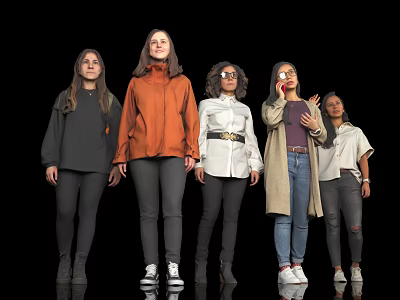 Group of Five Women in Different Clothing Styles Standing Against Black Background 3d model