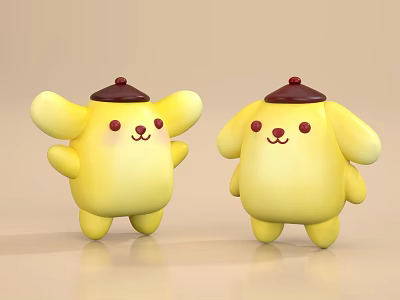 Two Cute Yellow Cartoon Dog Plush Toys With Brown Hats 3d model