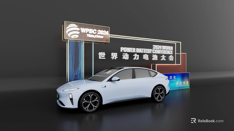 Window Display for 2024 World Power Battery Congress with White Car and Display Signs 3d model 