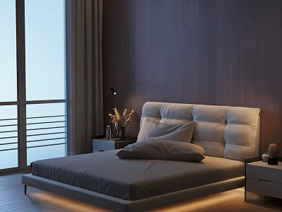 Modern Double Bed with Upholstered Headboard Gray Bedding Wooden Wall Nightstand and Window 3d model