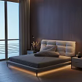 Modern Double Bed with Upholstered Headboard Gray Bedding Wooden Wall Nightstand and Window