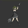3D Game and Movie Character With Green Hair Black Dress Holding Knife And Blue Object