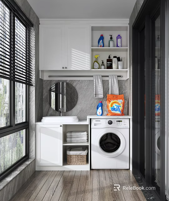 Home Balcony Laundry Area With White Cabinets Window Blinds Marble Wall Mirror Towels And Washing Machine 3d model 