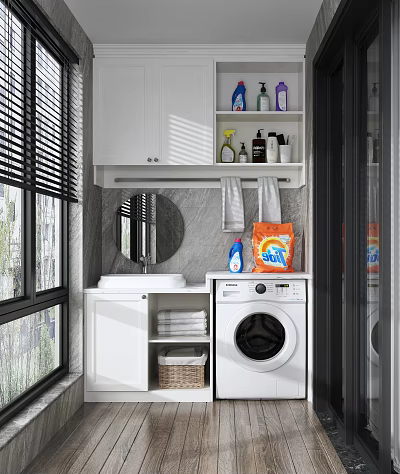 Home Balcony Laundry Area With White Cabinets Window Blinds Marble Wall Mirror Towels And Washing Machine 3d model