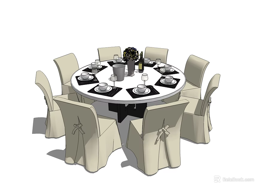 Round Dining Table Set With Beige Bowknot Chairs And Tableware Flower Vase 3d model