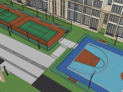 Residential Landscape Design With Tennis Court Basketball Court Green Areas And Walkways 3d model