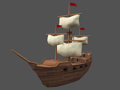 Vintage Wooden Ship With Tall Masts White Sails And Red Flags 3d model