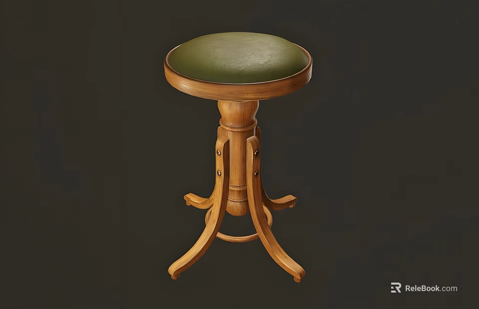 Classic Wooden Stool With Green Padded Seat And Three Legged Decorative Base 3d model 