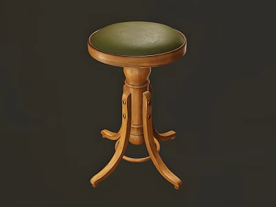 Classic Wooden Stool With Green Padded Seat And Three Legged Decorative Base 3d model