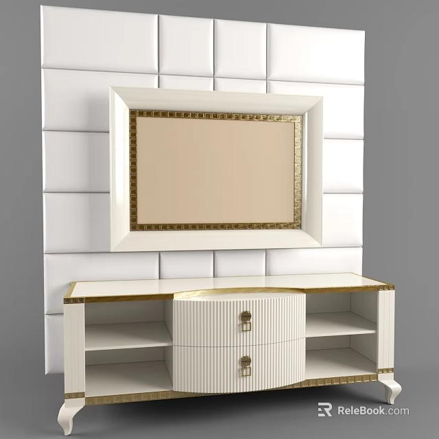 Elegant White TV Stand with Gold Accents Drawers and Open Shelves Against White Paneled Wall 3d model 