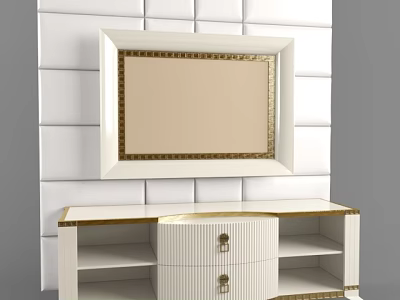 Elegant White TV Stand with Gold Accents Drawers and Open Shelves Against White Paneled Wall 3d model