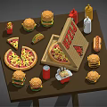 Assorted Fast Food Selection Featuring Pizza Burgers Fries Hotdog And Drinks With Sign