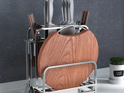 Organized Kitchen Utensils Rack With Stainless Steel Knives And Wooden Cutting Board Holder 3d model