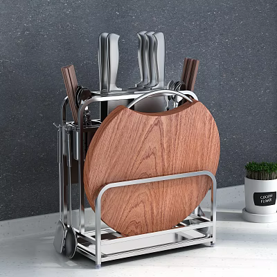 Organized Kitchen Utensils Rack With Stainless Steel Knives And Wooden Cutting Board Holder 3d model