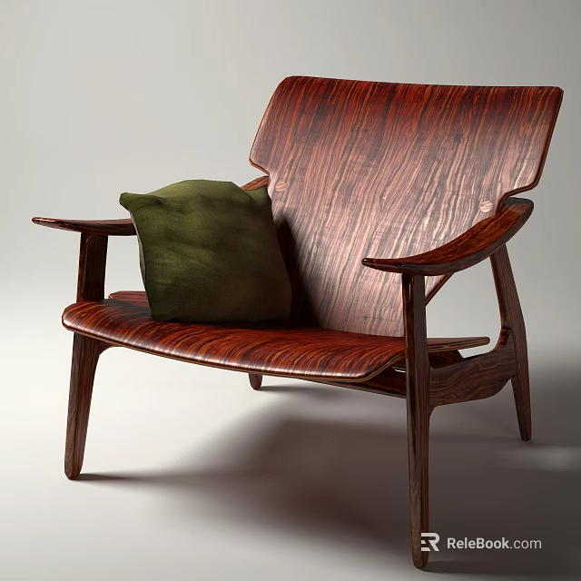 Ergonomic Wooden Accent Chair with Green Cushion and Natural Wood Grain Design 3d model 