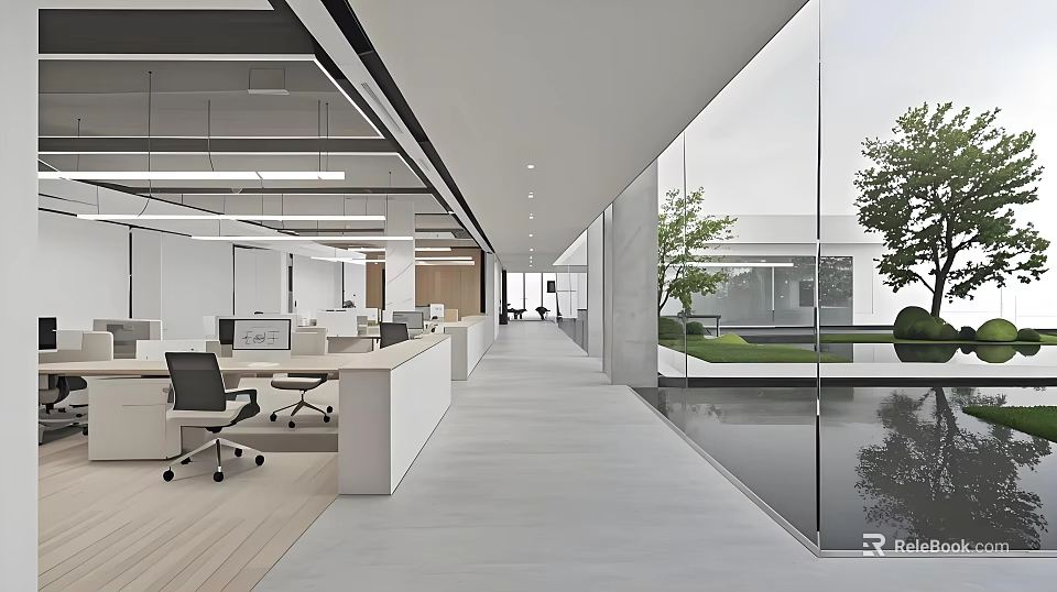 Modern Public Office Space With Open Layout Large Windows Glass Walls And Green Plants 3d model 