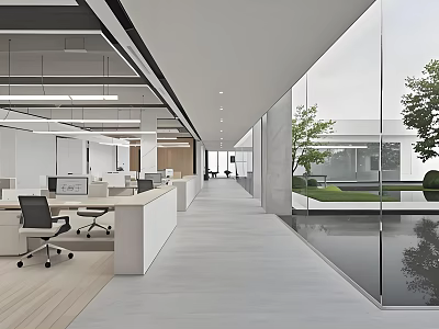 Modern Public Office Space With Open Layout Large Windows Glass Walls And Green Plants 3d model