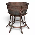 Rustic Cast Iron Kitchen Pot With Handles On Metal Stand 3d model