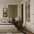 Modern Bedroom Interior with Beige Tufted Bed Green Cabinet and Black White Geometric Rug