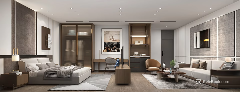 Modern Hotel Guest Room With Comfortable Bed Wooden Desk Armchair And Decorative Rug 3d model 