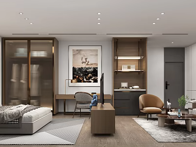 Modern Hotel Guest Room With Comfortable Bed Wooden Desk Armchair And Decorative Rug 3d model