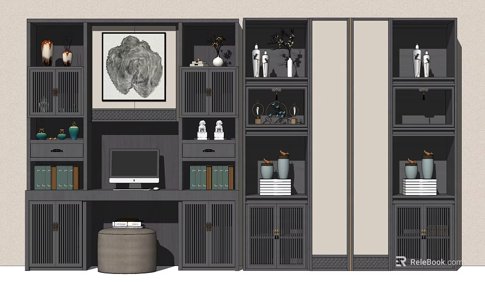 Modern Gray Wooden Bookcase With Multiple Shelves Books Decorative Items Drawers And Computer Monitor 3d model 