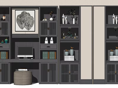 Modern Gray Wooden Bookcase With Multiple Shelves Books Decorative Items Drawers And Computer Monitor 3d model