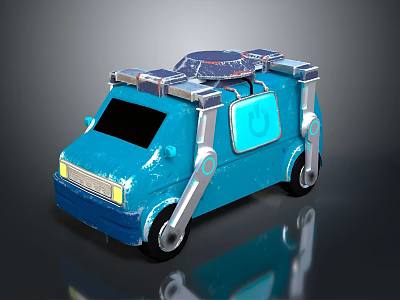 Blue Cartoon Van With Mechanical Arms Top Equipment And Yellow Headlights 3d model