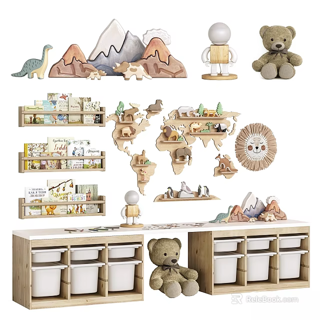 Wooden Children's Bed in Kids' Room With Dinosaur Toys Mountain Decor and Storage Drawers 3d model 