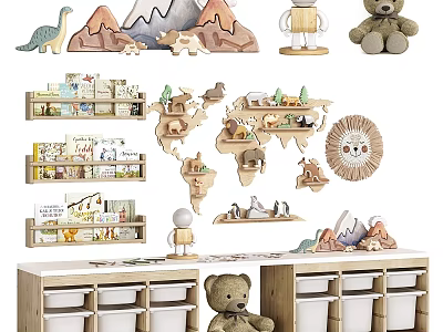 Wooden Children's Bed in Kids' Room With Dinosaur Toys Mountain Decor and Storage Drawers 3d model