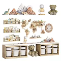 Wooden Children's Bed in Kids' Room With Dinosaur Toys Mountain Decor and Storage Drawers