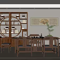Traditional Chinese Tea Room Interior With Wooden Furniture Circular Decorations Tea Sets And Scroll Painting