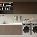 Wooden Balcony Cabinet Design With Washing Machine Dryer Sink And Storage