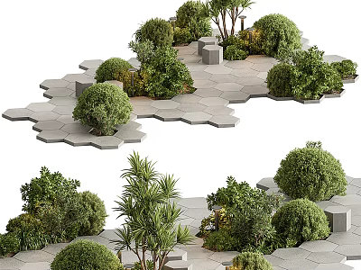 Garden Landscape Design Featuring Hexagonal Stone Slabs With Green Shrubs Trees And Cube Structures 3d model