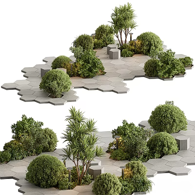 Garden Landscape Design Featuring Hexagonal Stone Slabs With Green Shrubs Trees And Cube Structures 3d model