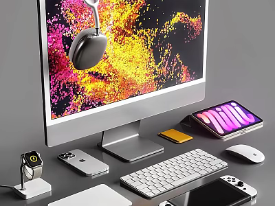 Modern Laptop Workspace Setup With Monitor Headphones Smartphone Smartwatch Keyboard And Mouse 3d model